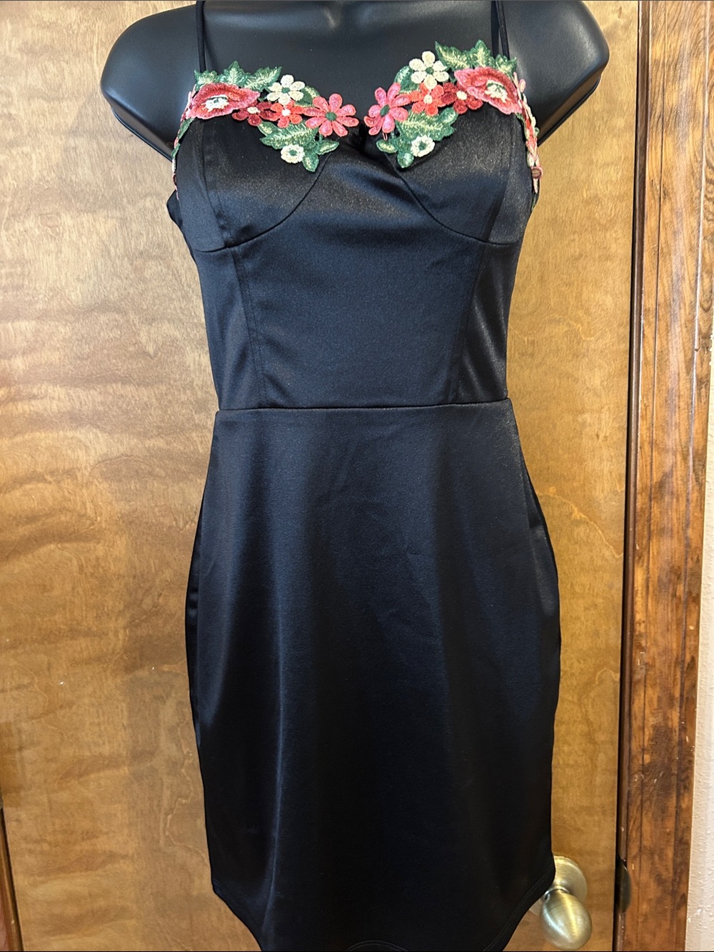 Floral Appliqué Black Slip Dress - Homecoming